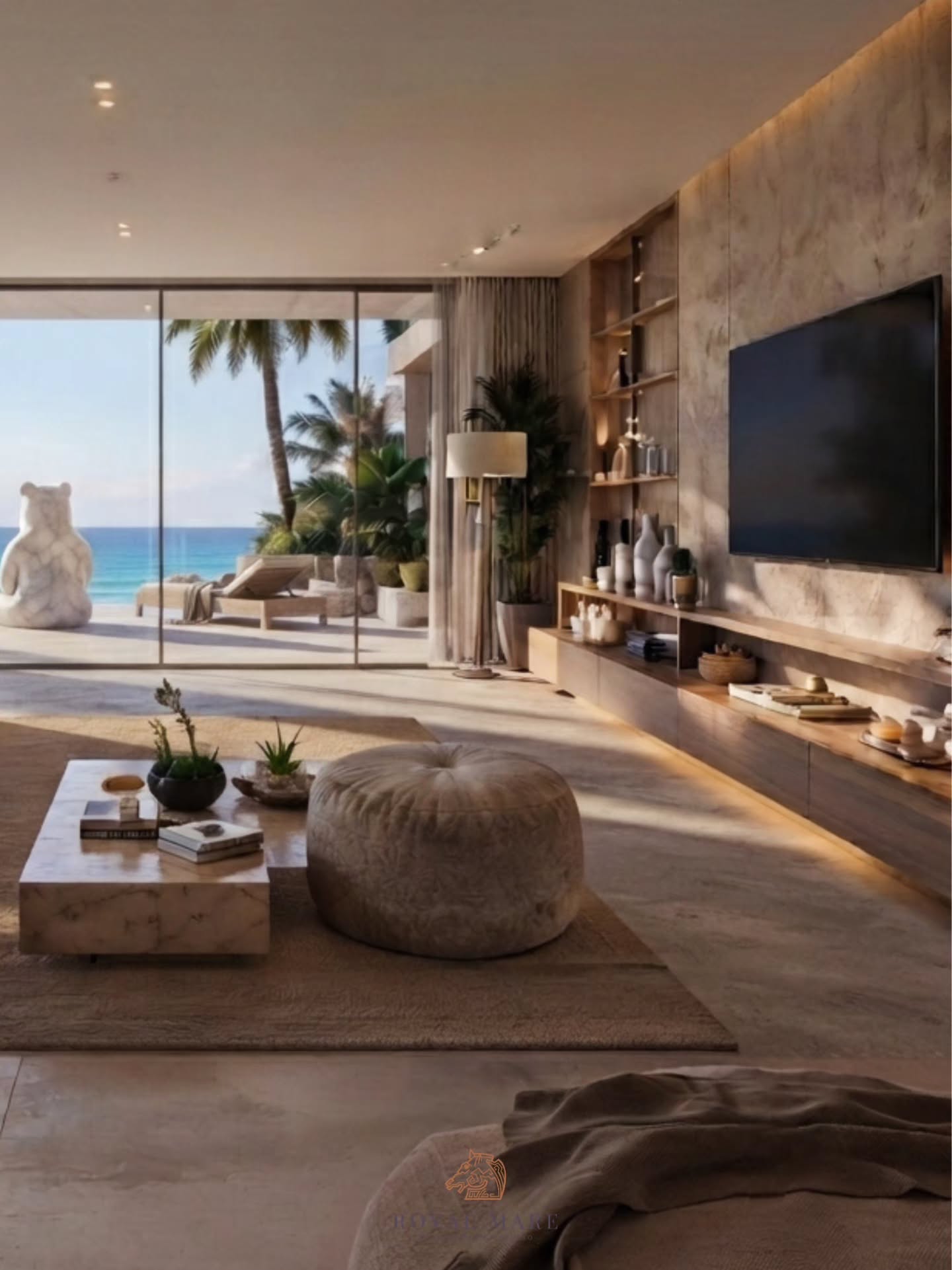 Royal Mare coastal living room: sculptural cream seating and a view across the sea