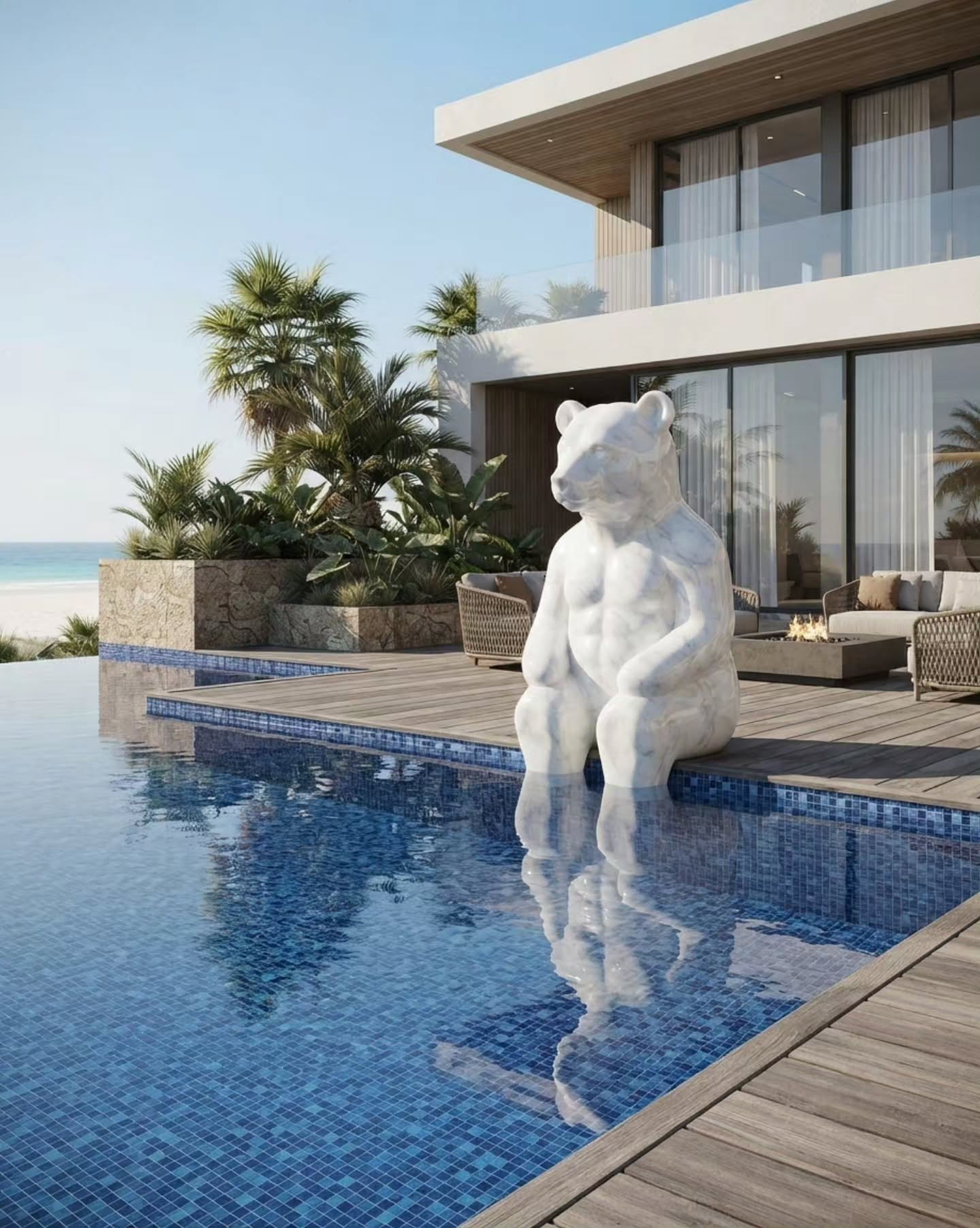 Royal Mare North Coast project with a sunlit pool terrace and sculptural details